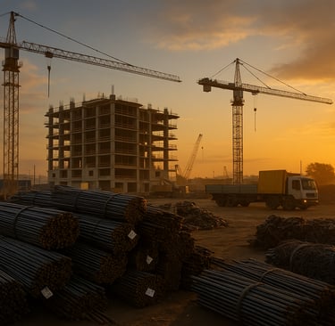 Urban construction site at sunset with stacked rebar bundles, cranes, and scrap piles.