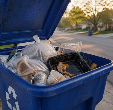 Open curbside recycling bin with plastic bags, food waste, and mixed contamination.