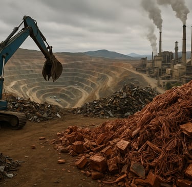 Copper mine with excavator and large piles of copper scrap under cloudy skies.