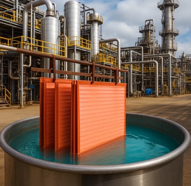 Copper cathodes in turquoise solution at a modern recycling plant with tanks and pipes in the back