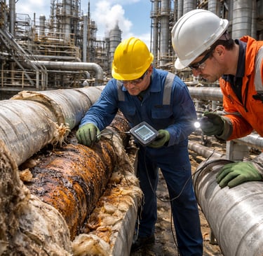 Refinery workers use an ultrasonic gauge to check corrosion under insulation on a rusted pipe.
