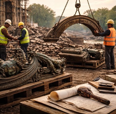 Careful salvage of historic bronze and copper architectural metalwork at a heritage site