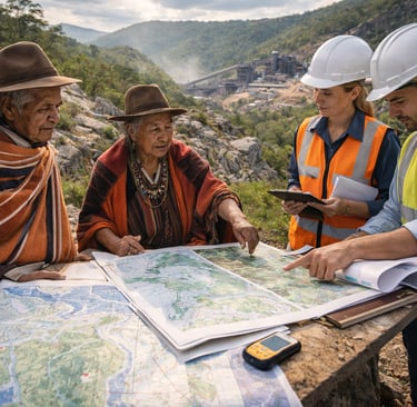 Community elders and industrial staff reviewing maps on culturally significant land
