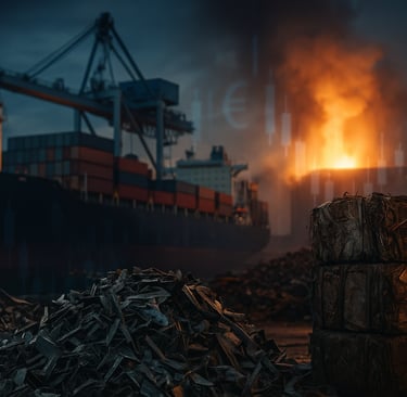 Scrap piles at port with cargo ship and furnace glow, symbolizing FX impact on metal trade