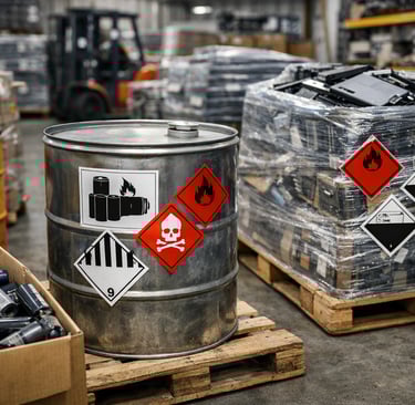 E-scrap warehouse with lithium batteries, hazardous drums, and palletized electronics.