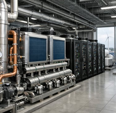 High-detail data center cooling system with stainless steel and copper piping, heat exchangers.
