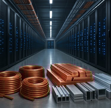 Copper coils and aluminum profiles stacked inside a modern data center hallway.