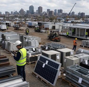 Reused components tracked at a climate recovery material bank.