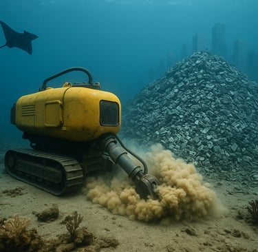 Underwater scene with a yellow mining vehicle, e-waste pile, and a manta ray near a distant city sky
