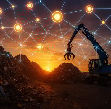 Scrap metal yard at sunset with blockchain network overlay
