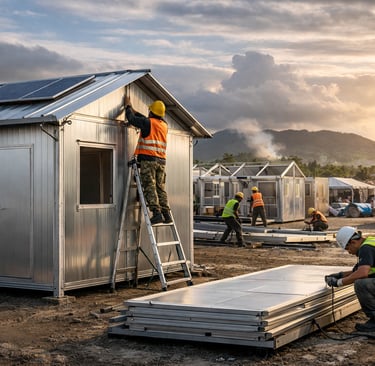 Workers assembling modular metal shelters at a disaster recovery site.