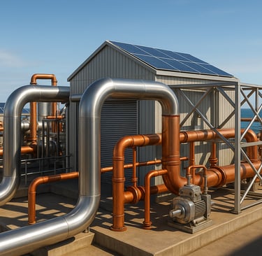 Desalination plant with copper and steel pipes, solar-panel roof, and ocean backdrop.