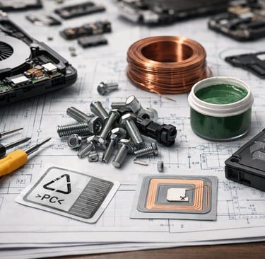 Disassembled electronics on a blueprint with screws, clips, copper coil, coatings sample,