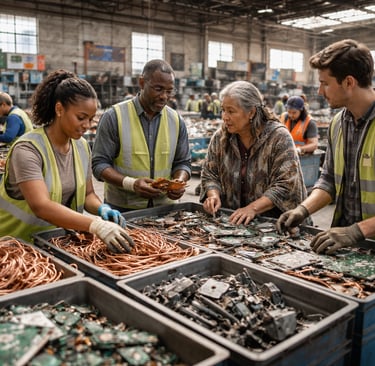 People sorting e-waste and copper in a recycling warehouse
