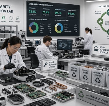 Technicians inspect returned XR headsets and reusable electronics parts in a circularity lab.
