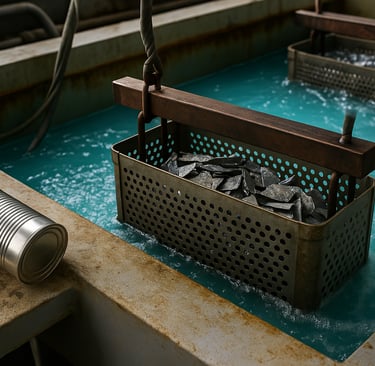 Scrap metal baskets in bubbling electrolytic de-tinning tanks.
