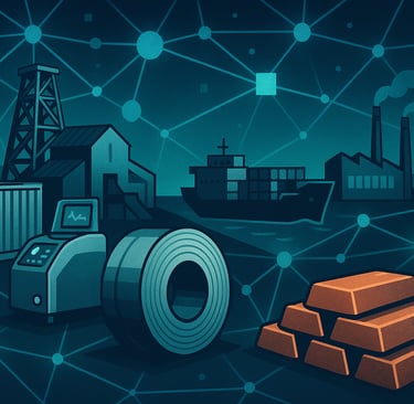 Blockchain connected metals supply chain with mine, factory, ship, steel coil, and copper ingots