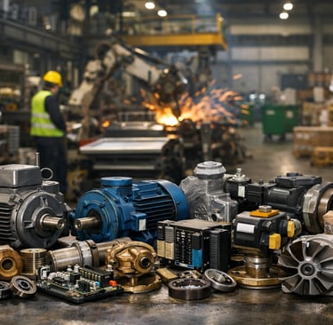 Industrial spare parts on a factory workbench.