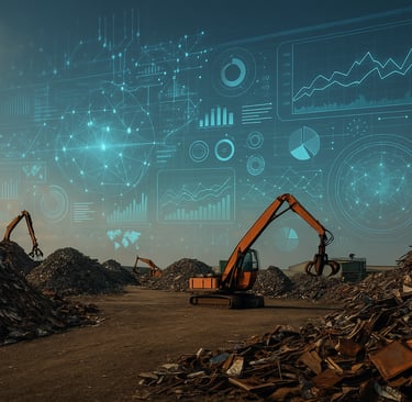 Scrap yard with industrial machines and futuristic holographic data interface above piles of metal.