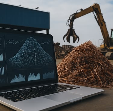 Laptop showing 3D data model beside copper scrap pile with excavator in background.