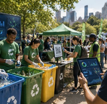 Volunteers sort recyclables at a city park event while staff track impact on a tablet dashboard.