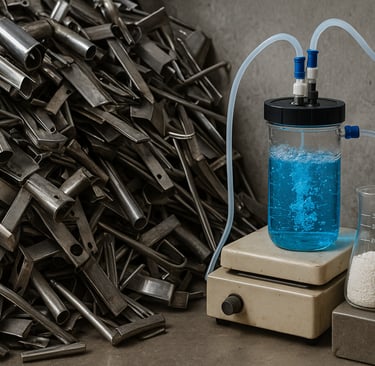 Stainless steel scrap beside a lab reactor with blue liquid and glassware for lithium extraction.