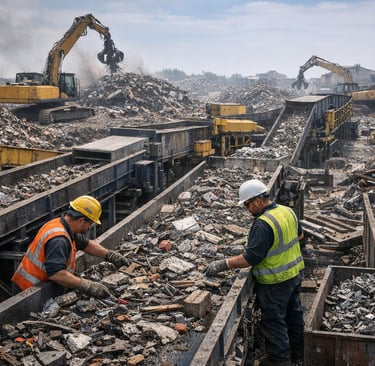 Workers sorting disaster debris and scrap metal on an industrial conveyor line with heavy machinery
