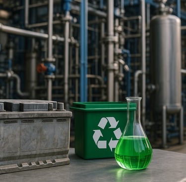 Lead-acid battery, recycling bin, and green liquid flask in an industrial recycling facility.