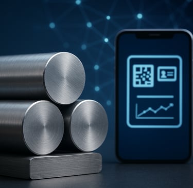 Stacked metal rods beside a smartphone displaying a digital interface with a blockchain background.