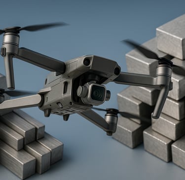 Drone flying near stacked metal ingots and rods, highlighting alloy use in UAVs.