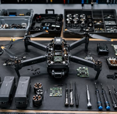 Disassembled drone on a repair bench with parts, batteries, and tools.
