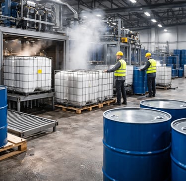 Steel drums and IBCs being cleaned and prepared for reuse in an industrial facility.