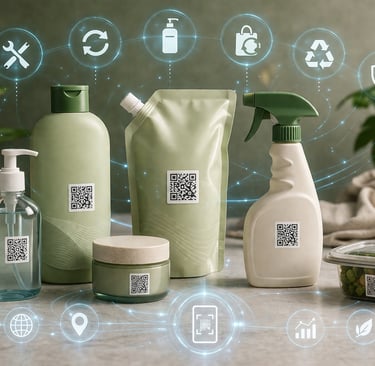 Connected FMCG packages with smart QR labels guiding repair, reuse, refill, return, recycling