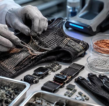Gloved technician separating conductive threads from a smart textile sleeve.