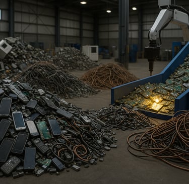 Piles of mixed e-waste with phones, cables, and circuit boards in a recycling facility.