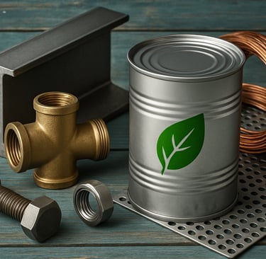 Recyclable metal parts arranged on a blue wooden surface, including a silver can with a green leaf 