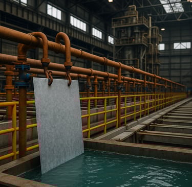 Metal sheet in electrolyte tank at steel recycling plant.