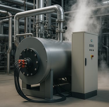 Industrial electric boiler with steel piping and control cabinet in a modern factory.