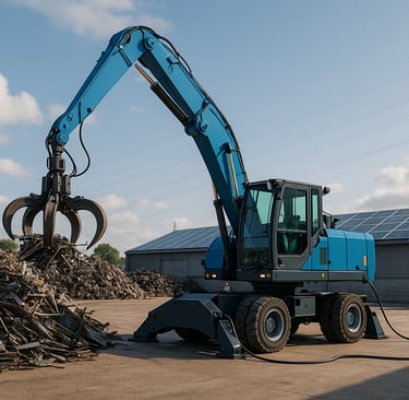 Electric crane sorts scrap metal at solar-powered modern recycling facility.