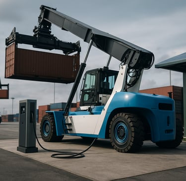 electric reach stacker charging at a port with a diesel crane lifting a container in the background