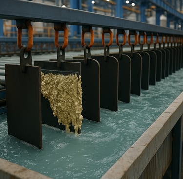 Electro-winning facility with cathode plates in turquoise solution, one coated with metal deposits