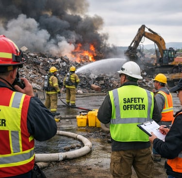 Emergency response team at a scrap yard spray water on a burning scrap pile under thick black smoke.