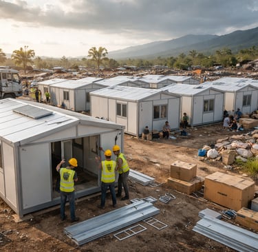 Flat-pack metal shelters in a disaster relief camp.