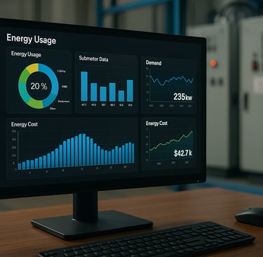 Computer monitor in an industrial control room showing a detailed energy dashboard.