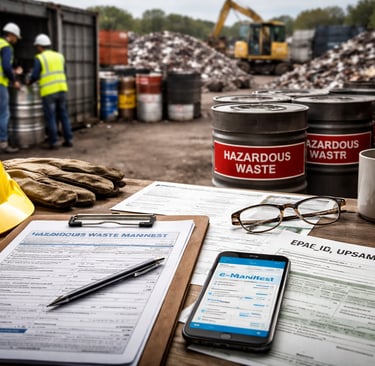 Compliance paperwork and e-manifest phone on a scrap yard desk, with hazardous waste drums, workers