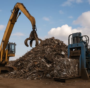  Scrapyard with excavator and baler processing metal scrap.