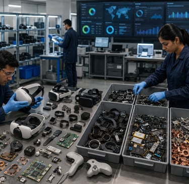 Returned XR and wearable devices sorted for EPR recycling compliance.
