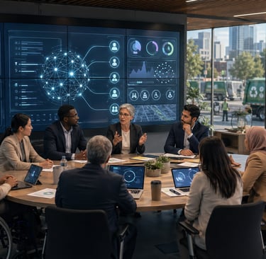 Diverse civic leaders reviewing ethical AI in a public oversight meeting.