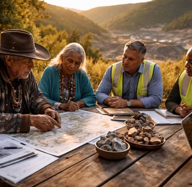 Elders and mining executives review maps together at a site.