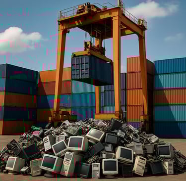 Gantry crane lifting a container above a pile of discarded old computers in a busy shipping yard.